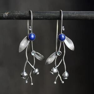 Gothic Victorian Garden Goth Fairycore Silver Leaf & Berry Blue Stone Earrings